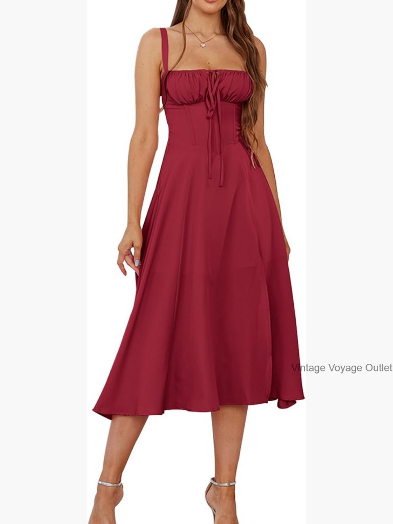 Milkmaid Corset Midi Dress Flowy A-Line Lace Up Sleeveless Wedding Guest